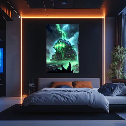 Zombie Train Poster – The Warp Architect | Awe-Inspiring Wall Art for Sci-Fi & Fantasy Train Enthusiasts | Unique and Exclusive Artwork
