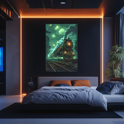 Fantasy Train Poster – The Emerald Phantom | Awe-Inspiring Wall Art for Sci-Fi & Fantasy Train Enthusiasts | Unique and Exclusive Artwork