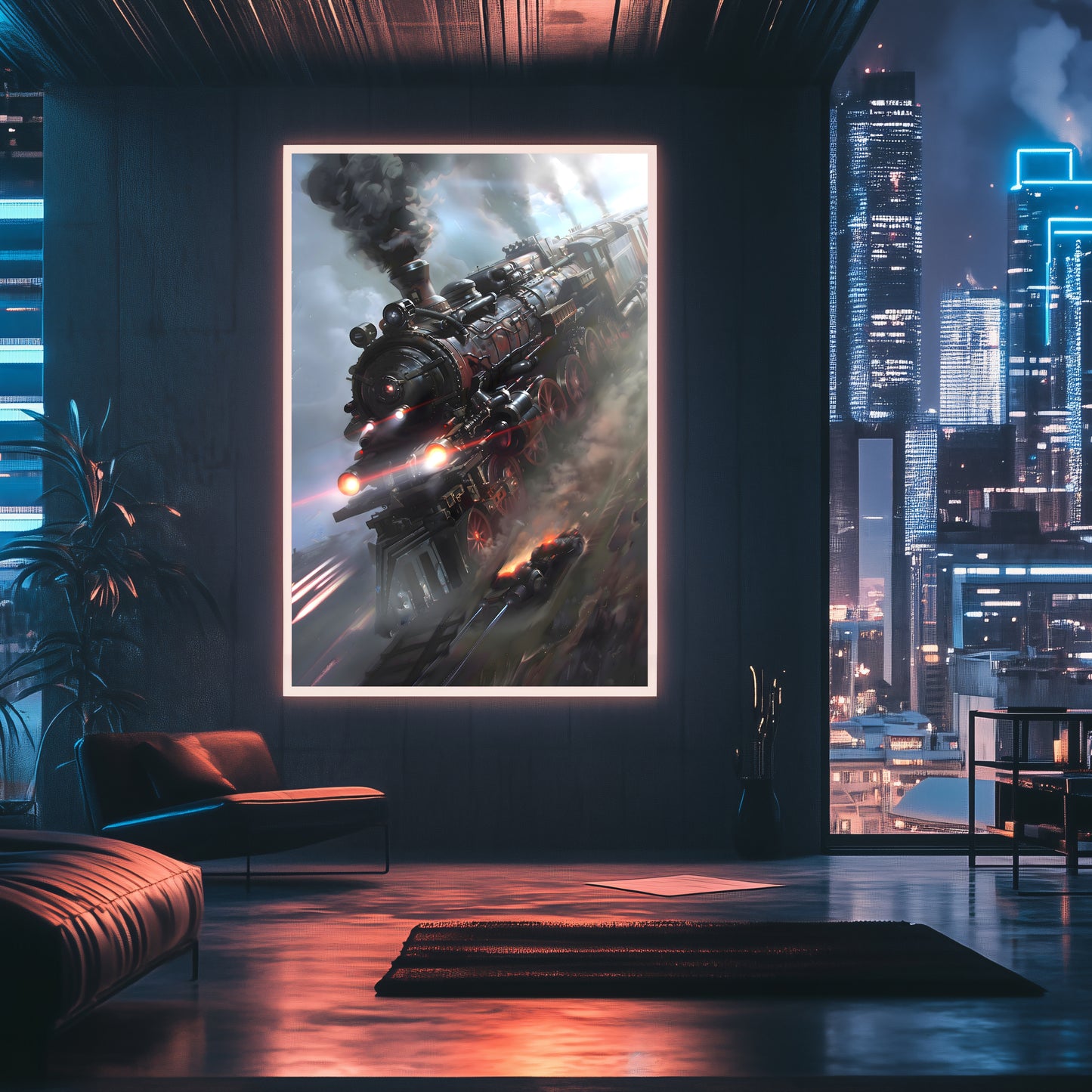 Steampunk Train Poster – Blitzfire Express | Awe-Inspiring Wall Art for Sci-Fi & Fantasy Train Enthusiasts | Unique and Exclusive Artwork