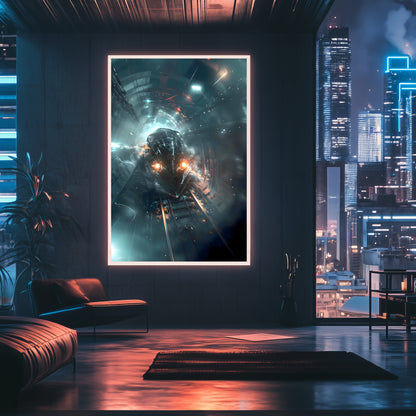Cyberpunk Train Poster – Nightblade Crusader | Awe-Inspiring Wall Art for Sci-Fi & Fantasy Train Enthusiasts | Unique and Exclusive Artwork