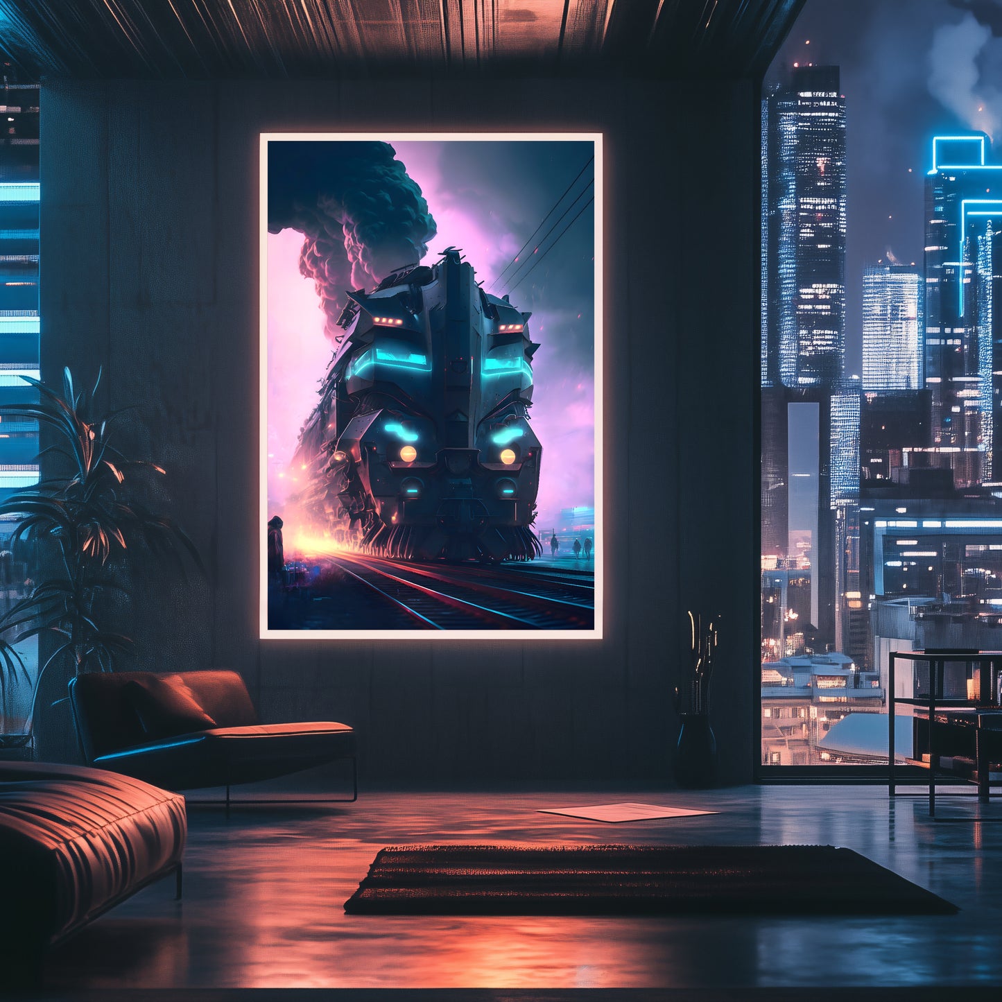 Cyberpunk Train Poster – Neon Hauler | Awe-Inspiring Wall Art for Sci-Fi & Fantasy Train Enthusiasts | Unique and Exclusive Artwork