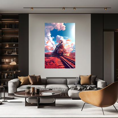Steampunk Train Poster – Sunfire Skyliner | Awe-Inspiring Wall Art for Sci-Fi & Fantasy Train Enthusiasts | Unique and Exclusive Artwork