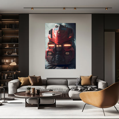 Diesel Train Poster – Crimson Thunderclad | Awe-Inspiring Wall Art for Sci-Fi & Fantasy Train Enthusiasts | Unique and Exclusive Artwork
