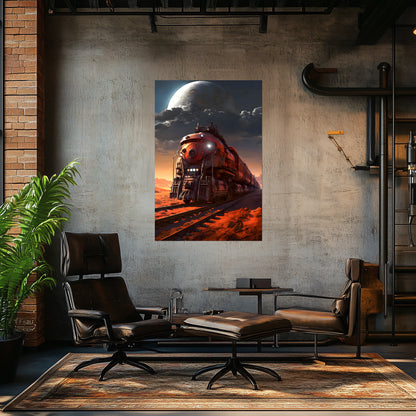 Wasteland Train Poster – Iron Wanderer | Awe-Inspiring Wall Art for Sci-Fi & Fantasy Train Enthusiasts | Unique and Exclusive Artwork