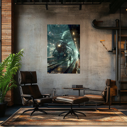 Dystopia Train Poster – Stellar Odyssey | Awe-Inspiring Wall Art for Sci-Fi & Fantasy Train Enthusiasts | Unique and Exclusive Artwork