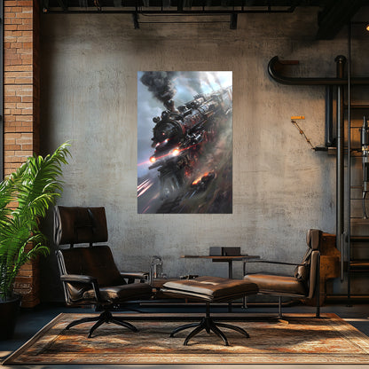 Steampunk Train Poster – Blitzfire Express | Awe-Inspiring Wall Art for Sci-Fi & Fantasy Train Enthusiasts | Unique and Exclusive Artwork