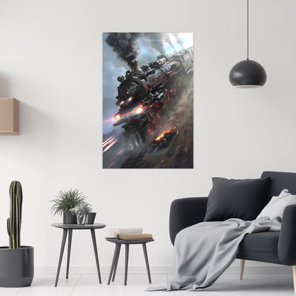 Steampunk Train Poster – Blitzfire Express | Awe-Inspiring Wall Art for Sci-Fi & Fantasy Train Enthusiasts | Unique and Exclusive Artwork