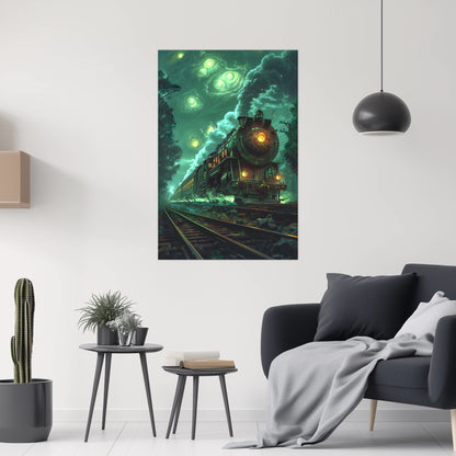 Fantasy Train Poster – The Emerald Phantom | Awe-Inspiring Wall Art for Sci-Fi & Fantasy Train Enthusiasts | Unique and Exclusive Artwork