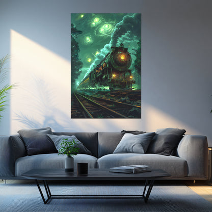 Fantasy Train Poster – The Emerald Phantom | Awe-Inspiring Wall Art for Sci-Fi & Fantasy Train Enthusiasts | Unique and Exclusive Artwork
