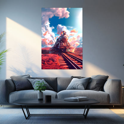 Steampunk Train Poster – Sunfire Skyliner | Awe-Inspiring Wall Art for Sci-Fi & Fantasy Train Enthusiasts | Unique and Exclusive Artwork