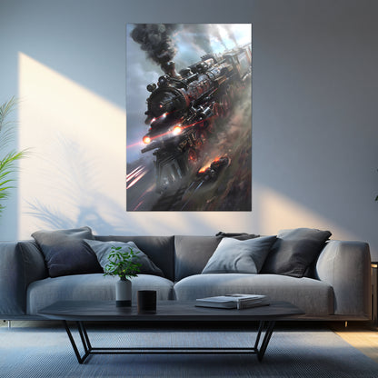 Steampunk Train Poster – Blitzfire Express | Awe-Inspiring Wall Art for Sci-Fi & Fantasy Train Enthusiasts | Unique and Exclusive Artwork