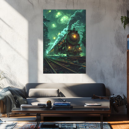 Fantasy Train Poster – The Emerald Phantom | Awe-Inspiring Wall Art for Sci-Fi & Fantasy Train Enthusiasts | Unique and Exclusive Artwork