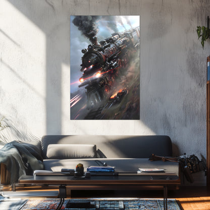 Steampunk Train Poster – Blitzfire Express | Awe-Inspiring Wall Art for Sci-Fi & Fantasy Train Enthusiasts | Unique and Exclusive Artwork