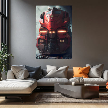Diesel Train Poster – Crimson Thunderclad | Awe-Inspiring Wall Art for Sci-Fi & Fantasy Train Enthusiasts | Unique and Exclusive Artwork