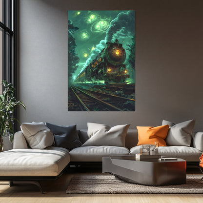 Fantasy Train Poster – The Emerald Phantom | Awe-Inspiring Wall Art for Sci-Fi & Fantasy Train Enthusiasts | Unique and Exclusive Artwork