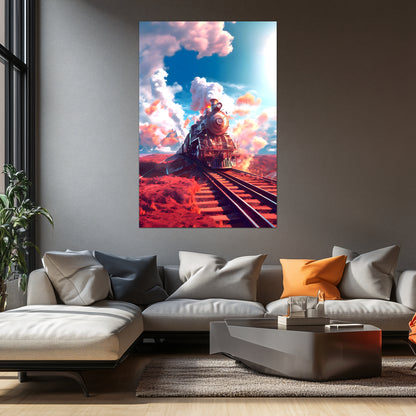 Steampunk Train Poster – Sunfire Skyliner | Awe-Inspiring Wall Art for Sci-Fi & Fantasy Train Enthusiasts | Unique and Exclusive Artwork