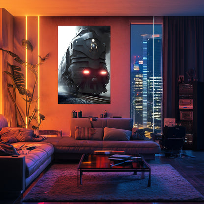 Dystopia Train Poster – Grimbringer Thunderclad | Awe-Inspiring Wall Art for Sci-Fi & Fantasy Train Enthusiasts | Unique and Exclusive Artwork