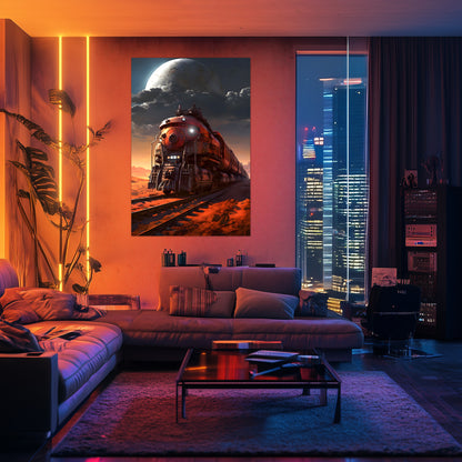 Wasteland Train Poster – Iron Wanderer | Awe-Inspiring Wall Art for Sci-Fi & Fantasy Train Enthusiasts | Unique and Exclusive Artwork