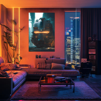 Cyberpunk Train Poster – Dreadpulse  Omnihauler | Awe-Inspiring Wall Art for Sci-Fi & Fantasy Train Enthusiasts | Unique and Exclusive Artwork