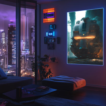 Cyberpunk Train Poster – Dreadpulse  Omnihauler | Awe-Inspiring Wall Art for Sci-Fi & Fantasy Train Enthusiasts | Unique and Exclusive Artwork