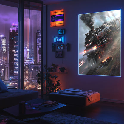 Steampunk Train Poster – Blitzfire Express | Awe-Inspiring Wall Art for Sci-Fi & Fantasy Train Enthusiasts | Unique and Exclusive Artwork