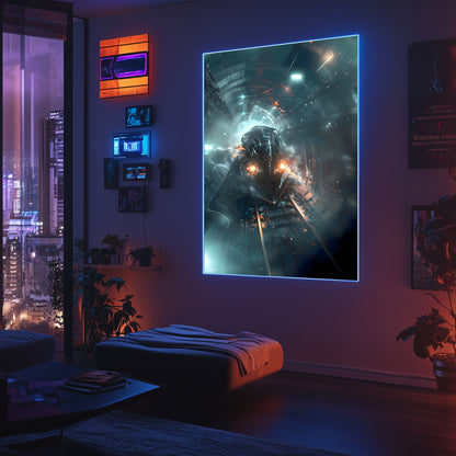 Cyberpunk Train Poster – Nightblade Crusader | Awe-Inspiring Wall Art for Sci-Fi & Fantasy Train Enthusiasts | Unique and Exclusive Artwork