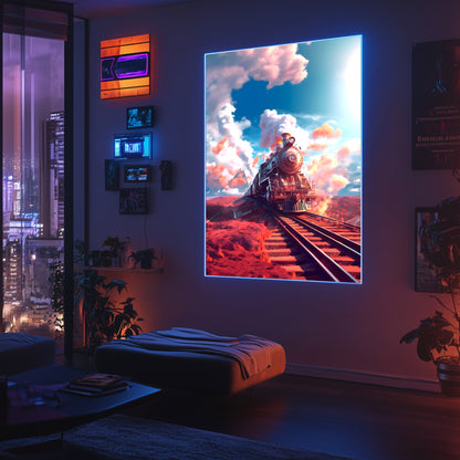 Steampunk Train Poster – Sunfire Skyliner | Awe-Inspiring Wall Art for Sci-Fi & Fantasy Train Enthusiasts | Unique and Exclusive Artwork