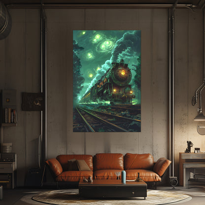 Fantasy Train Poster – The Emerald Phantom | Awe-Inspiring Wall Art for Sci-Fi & Fantasy Train Enthusiasts | Unique and Exclusive Artwork