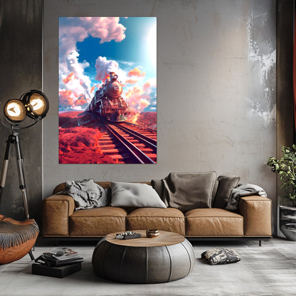 Steampunk Train Poster – Sunfire Skyliner | Awe-Inspiring Wall Art for Sci-Fi & Fantasy Train Enthusiasts | Unique and Exclusive Artwork