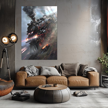 Steampunk Train Poster – Blitzfire Express | Awe-Inspiring Wall Art for Sci-Fi & Fantasy Train Enthusiasts | Unique and Exclusive Artwork