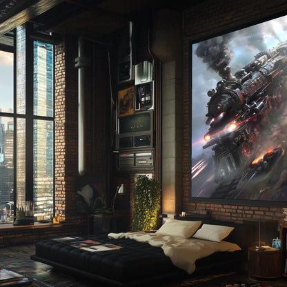 Steampunk Train Poster – Blitzfire Express | Awe-Inspiring Wall Art for Sci-Fi & Fantasy Train Enthusiasts | Unique and Exclusive Artwork