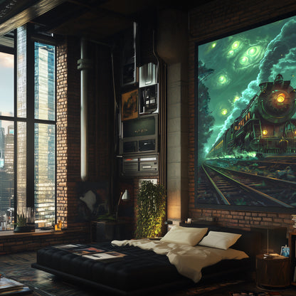 Fantasy Train Poster – The Emerald Phantom | Awe-Inspiring Wall Art for Sci-Fi & Fantasy Train Enthusiasts | Unique and Exclusive Artwork