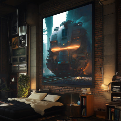 Cyberpunk Train Poster – Dreadpulse  Omnihauler | Awe-Inspiring Wall Art for Sci-Fi & Fantasy Train Enthusiasts | Unique and Exclusive Artwork