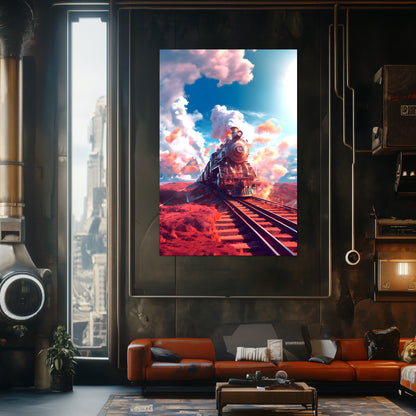 Steampunk Train Poster – Sunfire Skyliner | Awe-Inspiring Wall Art for Sci-Fi & Fantasy Train Enthusiasts | Unique and Exclusive Artwork