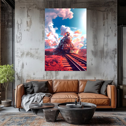 Steampunk Train Poster – Sunfire Skyliner | Awe-Inspiring Wall Art for Sci-Fi & Fantasy Train Enthusiasts | Unique and Exclusive Artwork