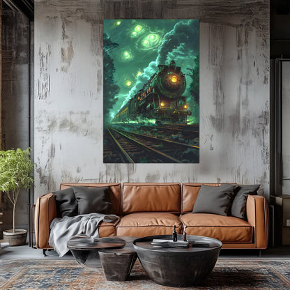 Fantasy Train Poster – The Emerald Phantom | Awe-Inspiring Wall Art for Sci-Fi & Fantasy Train Enthusiasts | Unique and Exclusive Artwork