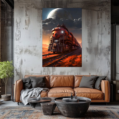 Wasteland Train Poster – Iron Wanderer | Awe-Inspiring Wall Art for Sci-Fi & Fantasy Train Enthusiasts | Unique and Exclusive Artwork
