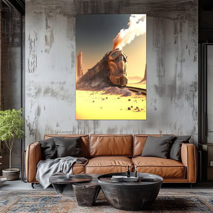 Wasteland Train Poster – The Sandpiercer | Awe-Inspiring Wall Art for Sci-Fi & Fantasy Train Enthusiasts | Unique and Exclusive Artwork