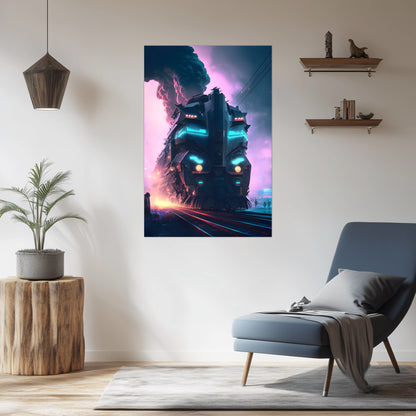 Cyberpunk Train Poster – Neon Hauler | Awe-Inspiring Wall Art for Sci-Fi & Fantasy Train Enthusiasts | Unique and Exclusive Artwork