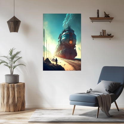 Wasteland Train Poster – Dunestorm Thunderwaker | Awe-Inspiring Wall Art for Sci-Fi & Fantasy Train Enthusiasts | Unique and Exclusive Artwork