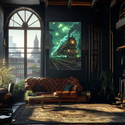 Fantasy Train Poster – The Emerald Phantom | Awe-Inspiring Wall Art for Sci-Fi & Fantasy Train Enthusiasts | Unique and Exclusive Artwork