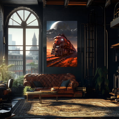 Wasteland Train Poster – Iron Wanderer | Awe-Inspiring Wall Art for Sci-Fi & Fantasy Train Enthusiasts | Unique and Exclusive Artwork