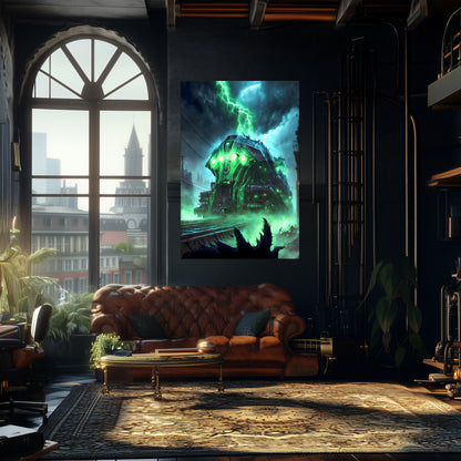 Zombie Train Poster – The Warp Architect | Awe-Inspiring Wall Art for Sci-Fi & Fantasy Train Enthusiasts | Unique and Exclusive Artwork