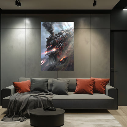 Steampunk Train Poster – Blitzfire Express | Awe-Inspiring Wall Art for Sci-Fi & Fantasy Train Enthusiasts | Unique and Exclusive Artwork