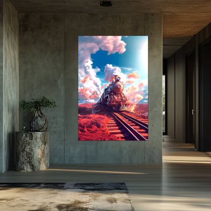Steampunk Train Poster – Sunfire Skyliner | Awe-Inspiring Wall Art for Sci-Fi & Fantasy Train Enthusiasts | Unique and Exclusive Artwork