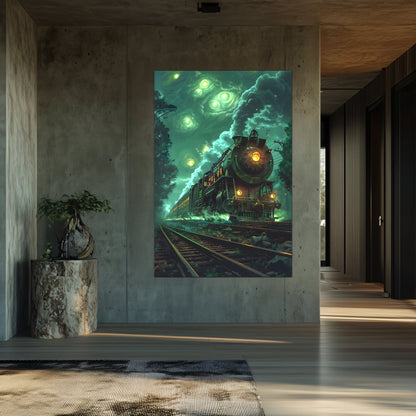 Fantasy Train Poster – The Emerald Phantom | Awe-Inspiring Wall Art for Sci-Fi & Fantasy Train Enthusiasts | Unique and Exclusive Artwork