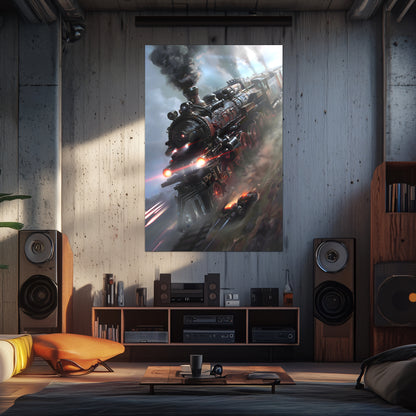 Steampunk Train Poster – Blitzfire Express | Awe-Inspiring Wall Art for Sci-Fi & Fantasy Train Enthusiasts | Unique and Exclusive Artwork