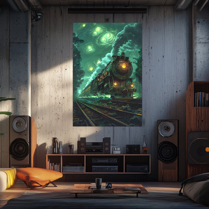 Fantasy Train Poster – The Emerald Phantom | Awe-Inspiring Wall Art for Sci-Fi & Fantasy Train Enthusiasts | Unique and Exclusive Artwork