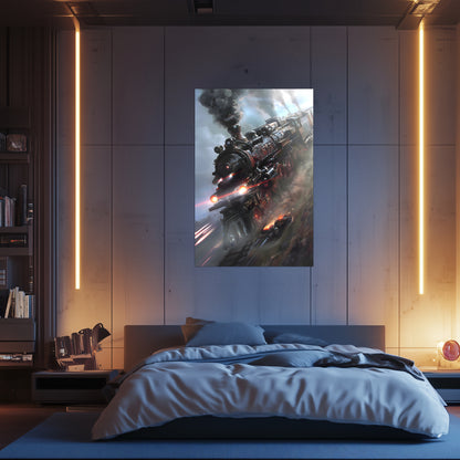 Steampunk Train Poster – Blitzfire Express | Awe-Inspiring Wall Art for Sci-Fi & Fantasy Train Enthusiasts | Unique and Exclusive Artwork
