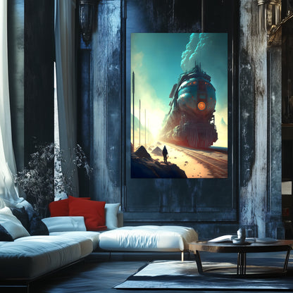 Wasteland Train Poster – Dunestorm Thunderwaker | Awe-Inspiring Wall Art for Sci-Fi & Fantasy Train Enthusiasts | Unique and Exclusive Artwork
